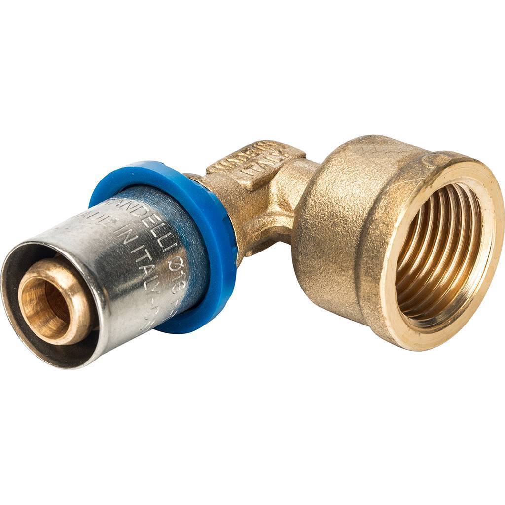 Угольник Prandelli Multyrama 90 с внут.рез. (16х2,0)х1/2 профиль H,TH,U для металлопластиковых труб прессовой, 509.04.51.6