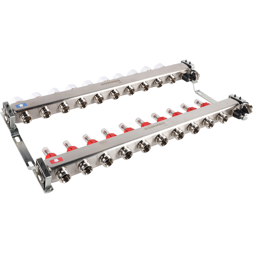 Коллектор из нержавеющей стали с расходомерами ROMMER, с клапаном вып. воздуха и сливом 10 выходов