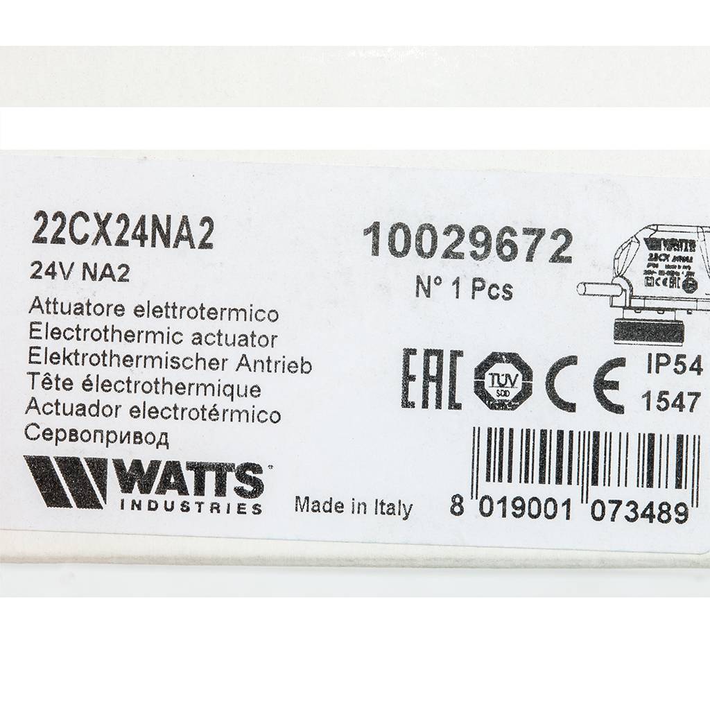 Сервопривод электротермический Watts 22CX нормально открытый, 24 В, 10029672