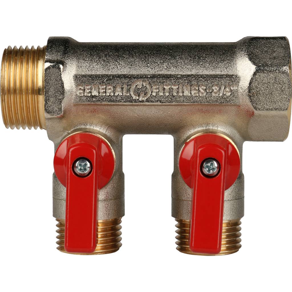 Коллектор с шаровыми кранами STOUT 3/4 , 2 отвода 1/2  (красные ручки)