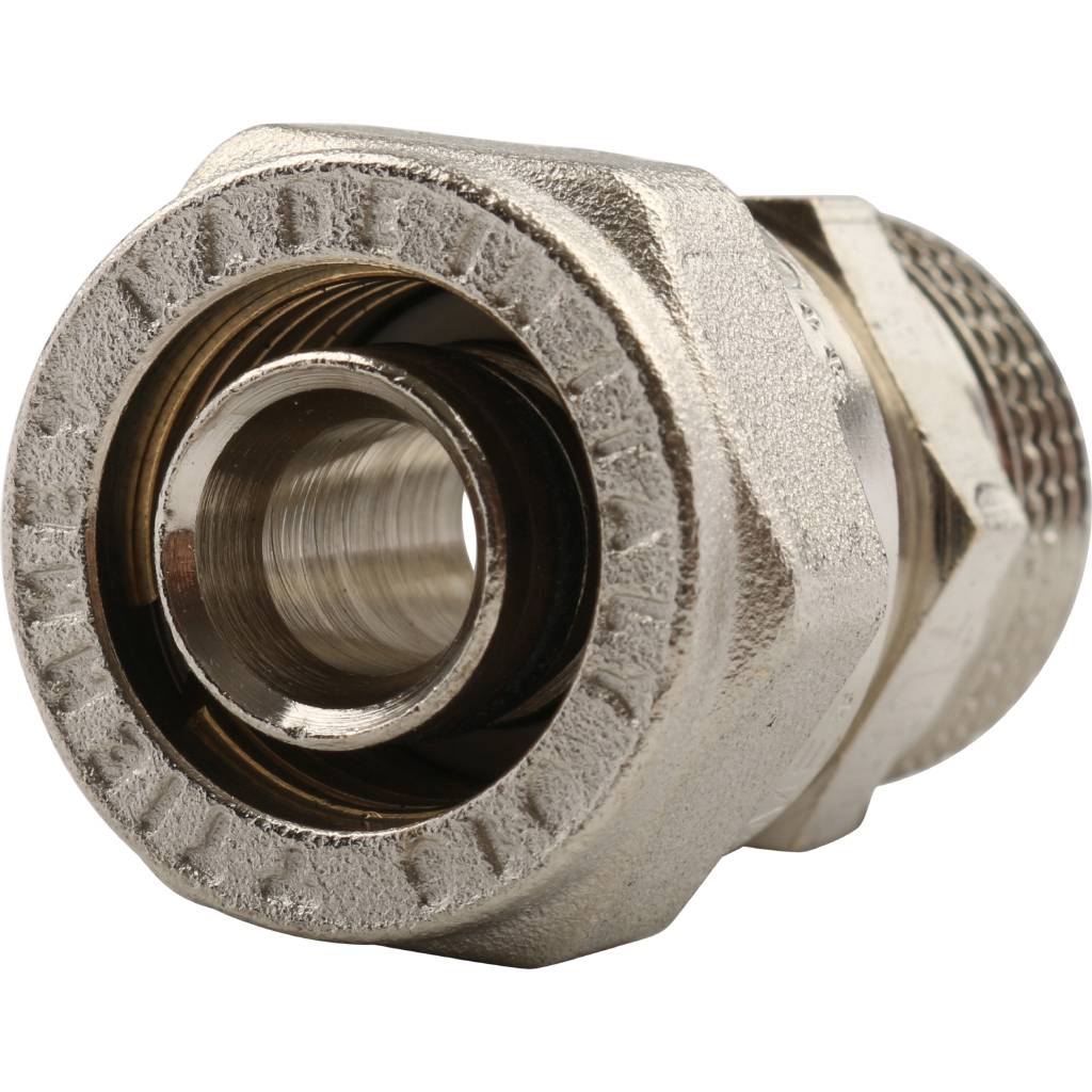 Муфта TIEMME с наружной резьбой (16х2.0х1/2) для металлопластиковых труб винтовой, 1600001