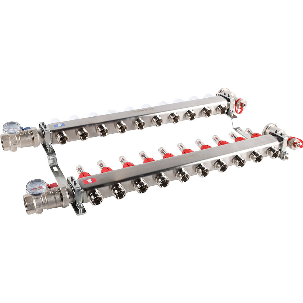 Коллектор из нержавеющей стали в сборе с расходомерами ROMMER 10 выходов, RMS-1210-000010