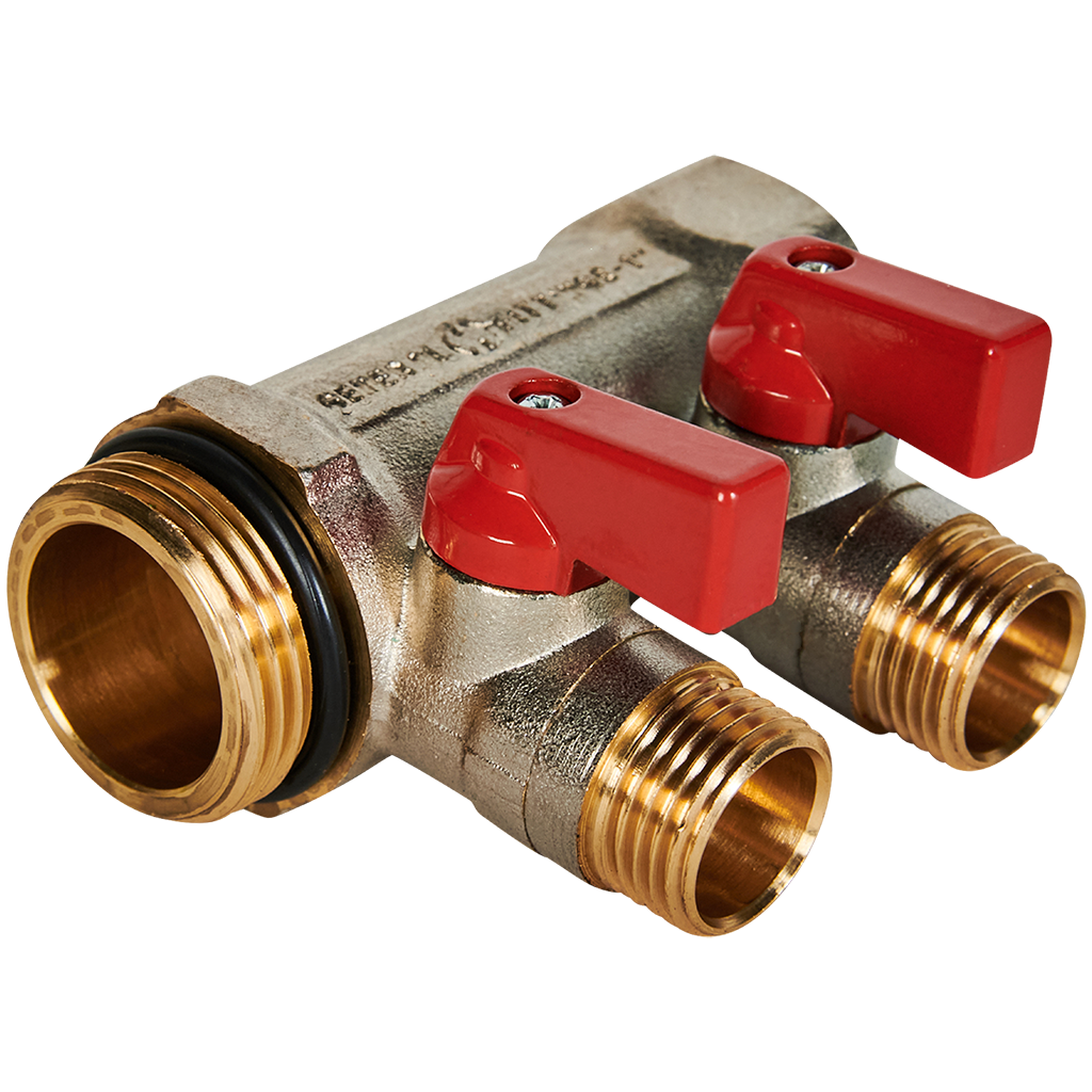 Коллектор с шаровыми кранами STOUT 1, 2 отвода 1/2  (красные ручки)