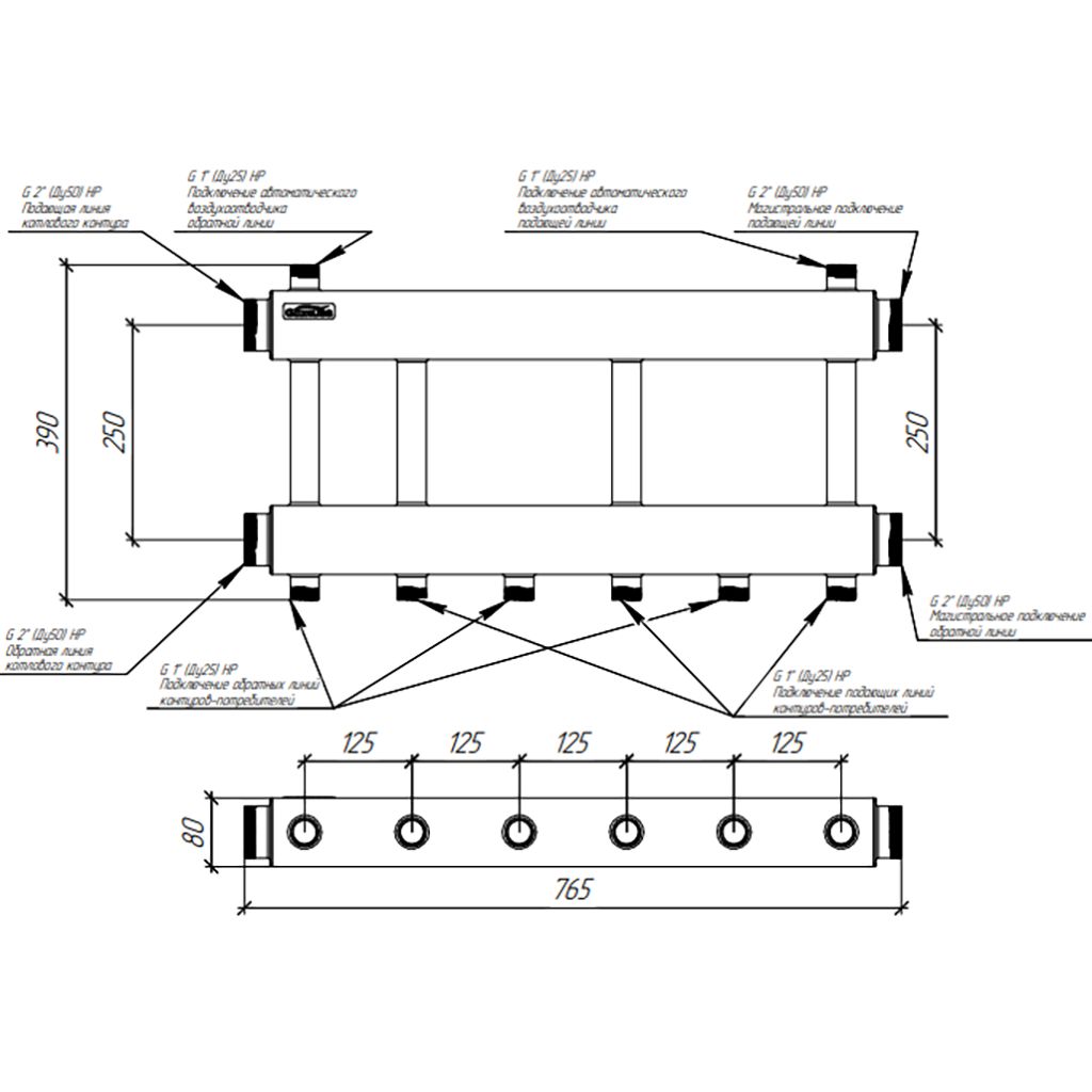 Модульный коллектор GIDRUSS MKSS-250-3x25 (до 250 кВт, 2 магистр. подкл. G 2, 3 контура G 1 вверх или вниз)