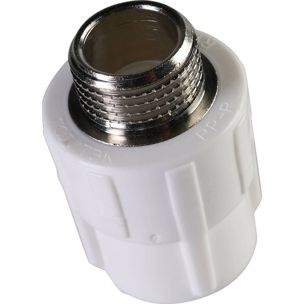 Муфта комбинированная Политэк 20х1/2 наруж. резьба для полипропиленовых труб под сварку (цвет белый), 9000002012