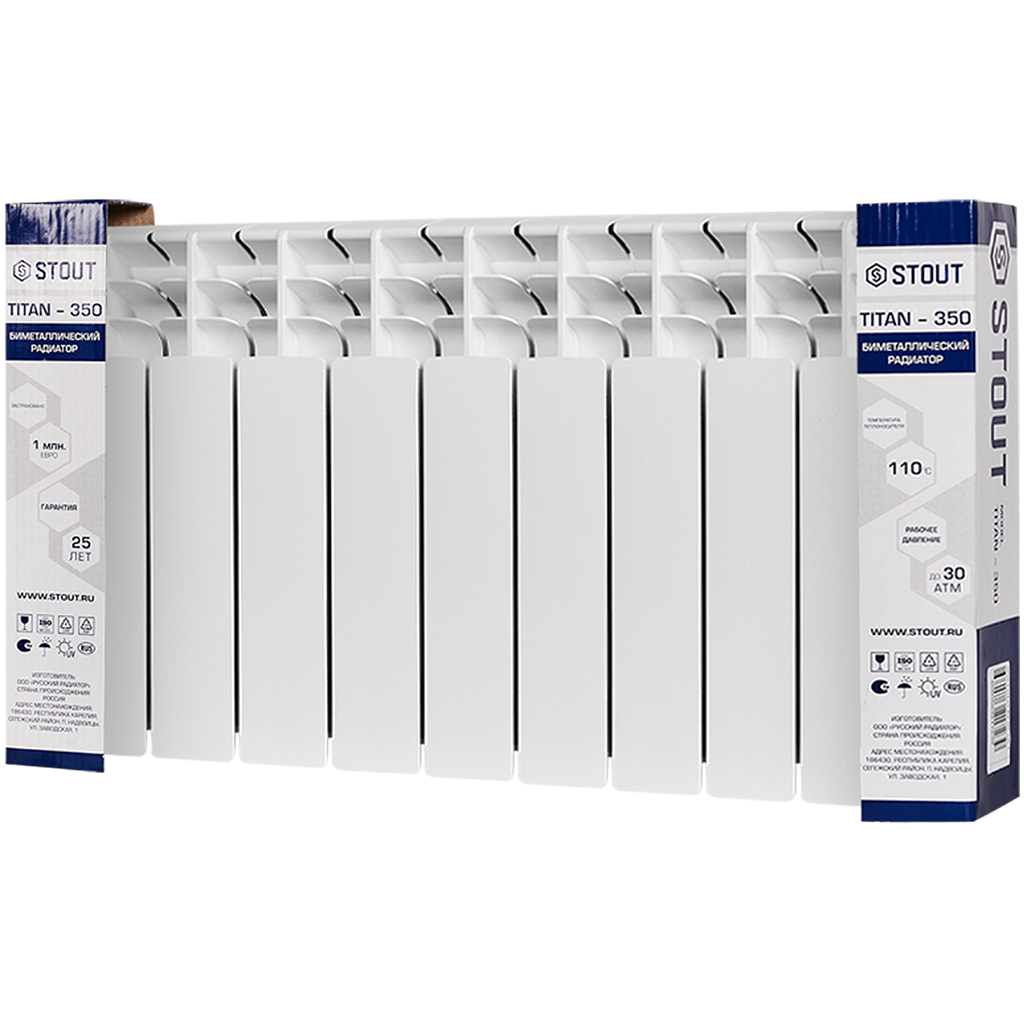 Радиатор биметаллический STOUT TITAN 350 9 секций боковое подключение (белый RAL 9016)