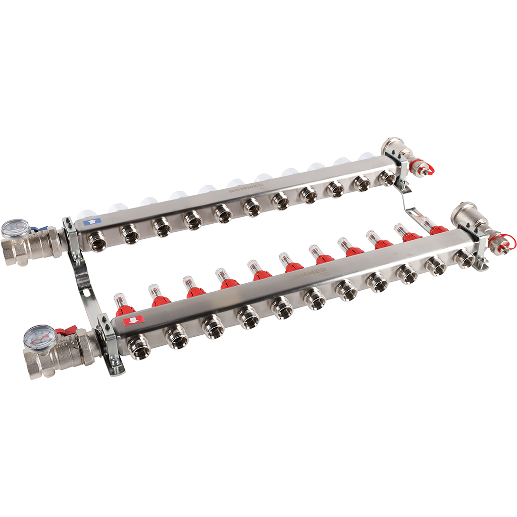 Коллектор из нержавеющей стали в сборе с расходомерами ROMMER 11 выходов, RMS-1210-000011