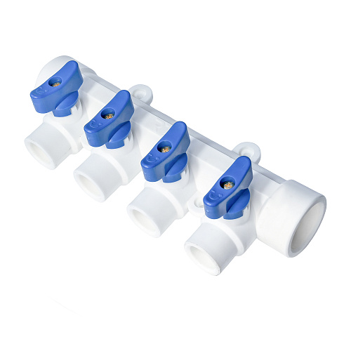 Коллектор с шаровым краном синий PPR 32х20/4,  белый, RTP