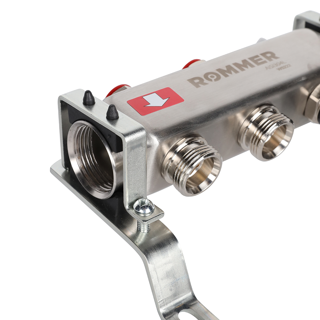 Коллектор из нержавеющей стали без расходомеров ROMMER, с клапаном вып. воздуха и сливом 2 выхода