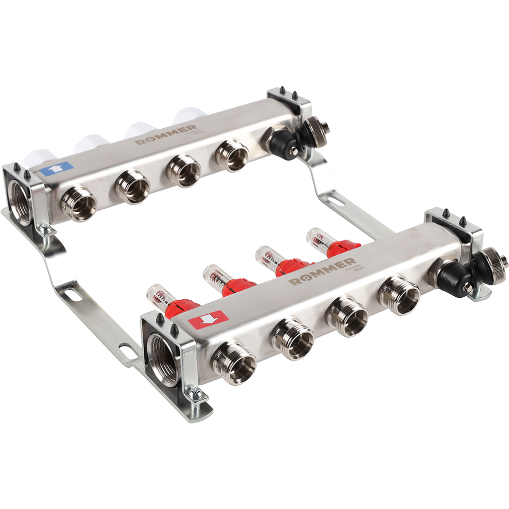 Коллектор из нержавеющей стали с расходомерами ROMMER, с клапаном вып. воздуха и сливом 4 выхода, RMS-1201-000004