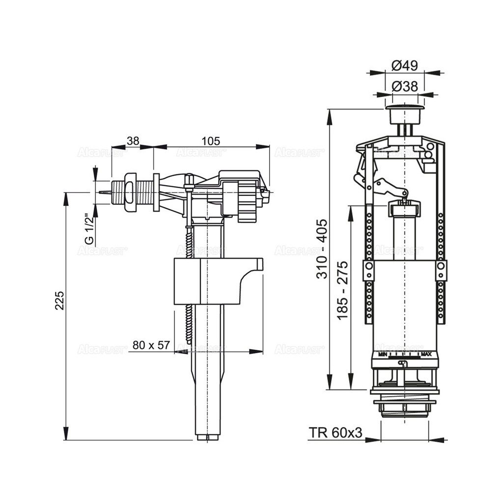 Выпускной комплект AlcaPlast со стоп кнопкой, SA2000 1/2 CHROM