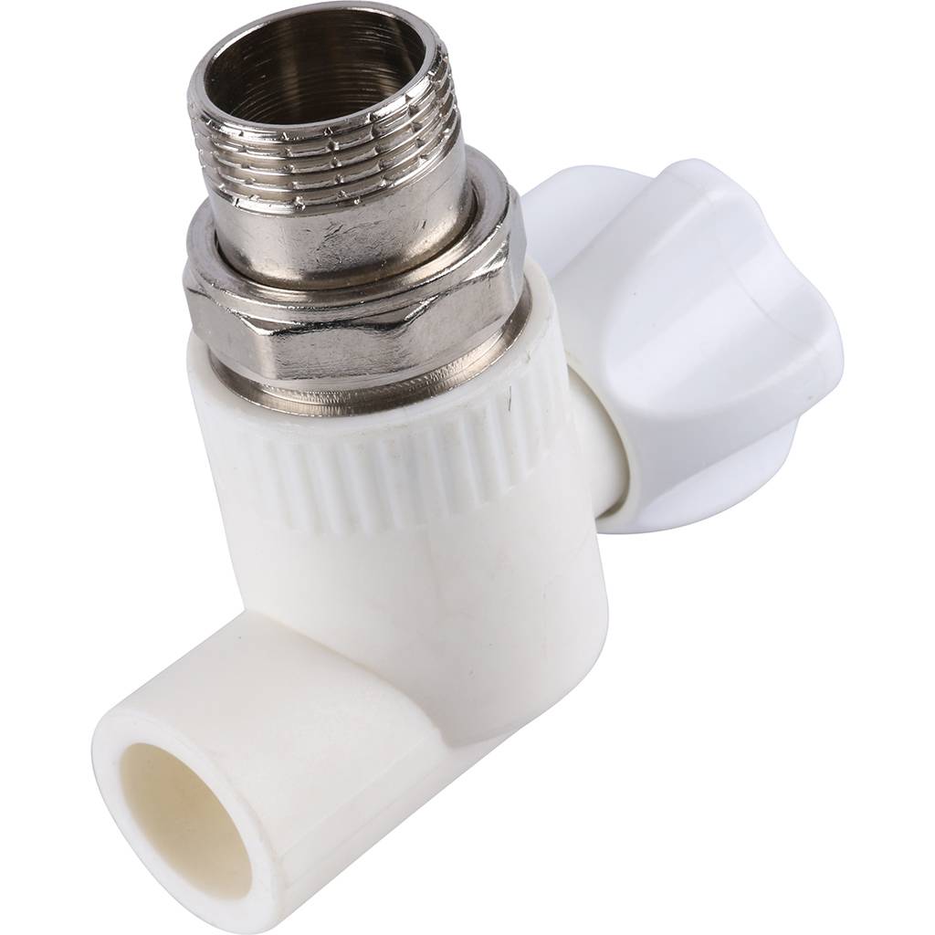 Кран шаровой Kalde разборный угловой с накидной гайкой 20x3/4 для полипропиленовых труб под сварку (цвет белый), 3242-vre-200c00