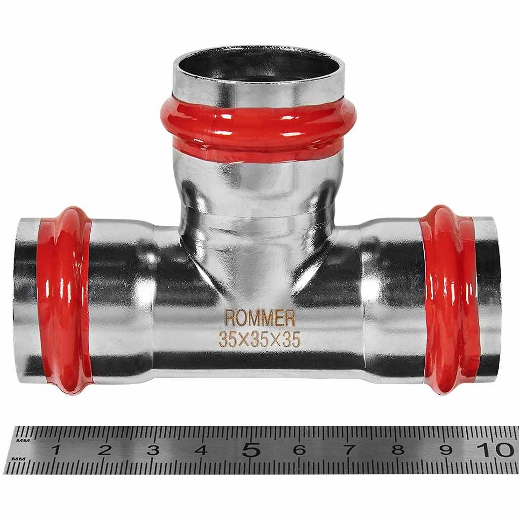 Тройник ROMMER равнопроходной ВПр, 35, из нержавеющей стали прессовой, RSS-1013-000035
