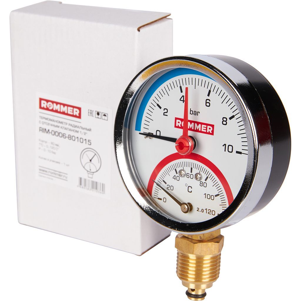 Термоманометр радиальный ROMMER 80 мм 120 градусов в комплекте с автоматическим запорным клапаном 1/2
