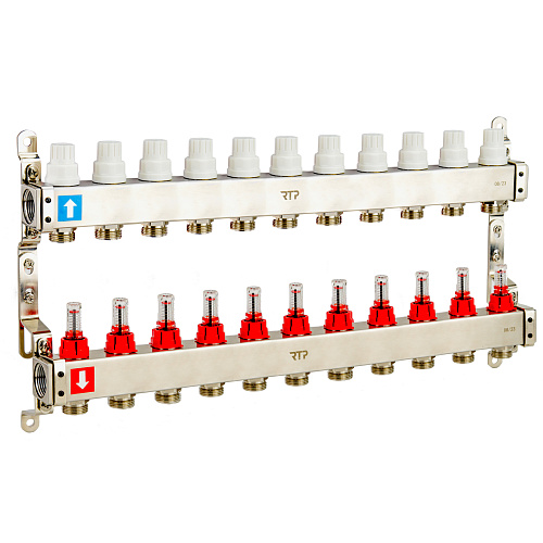 Коллекторная группа с расходомером и кронштейном (евроконус 3/4) нержавеющая сталь SUS 304 1х12 выходов, RTP