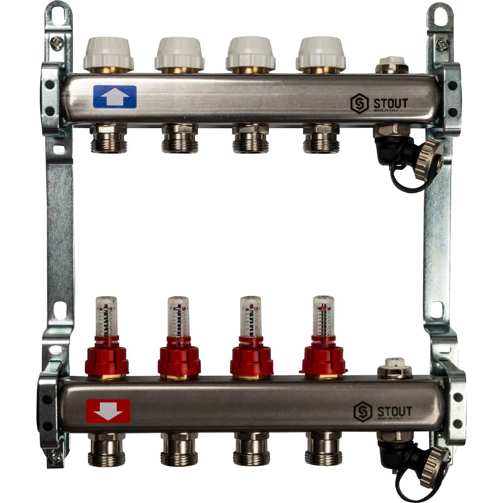 Коллектор из нержавеющей стали с расходомерами, с клапаном вып. воздуха и сливом STOUT 4 выхода, SMS-0927-000004
