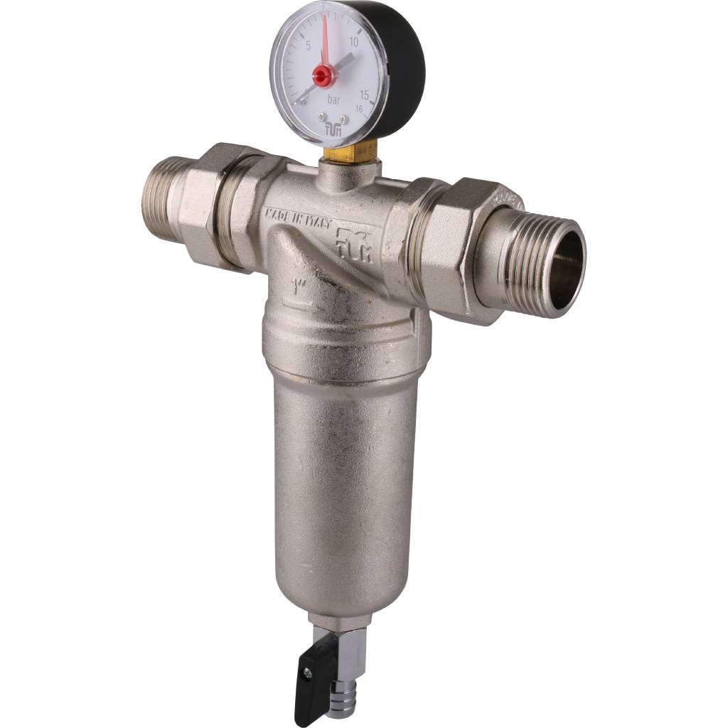Фильтр с манометром TIEMME 1 со сгонами, с латунной колбой, промывной, 3130004