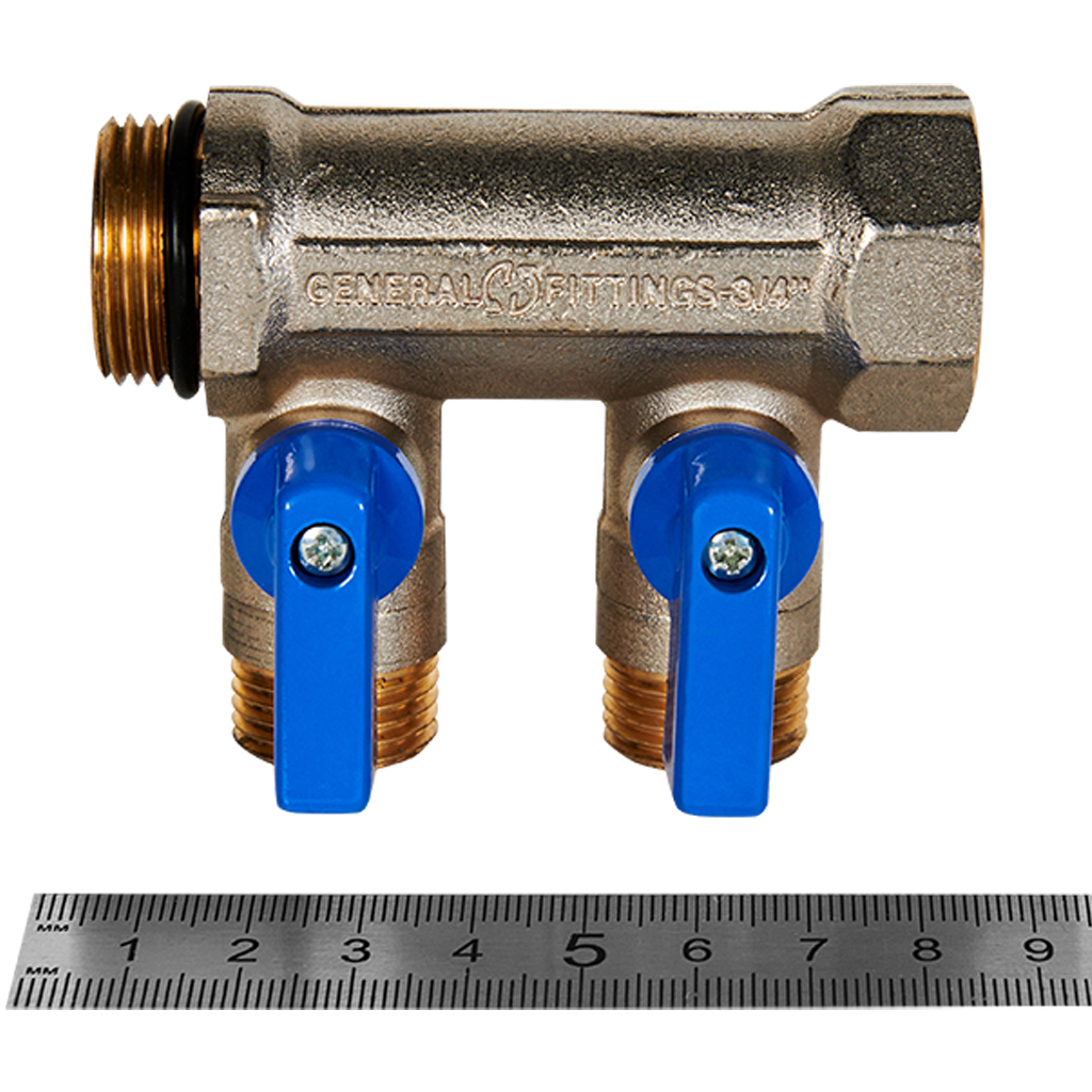 Коллектор с шаровыми кранами STOUT 3/4 , 2 отвода 1/2  (синие ручки)