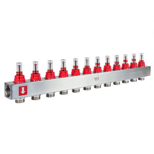 Коллекторная группа с расходомером и кронштейном (евроконус 3/4) нержавеющая сталь SUS 304 1х12 выходов, RTP