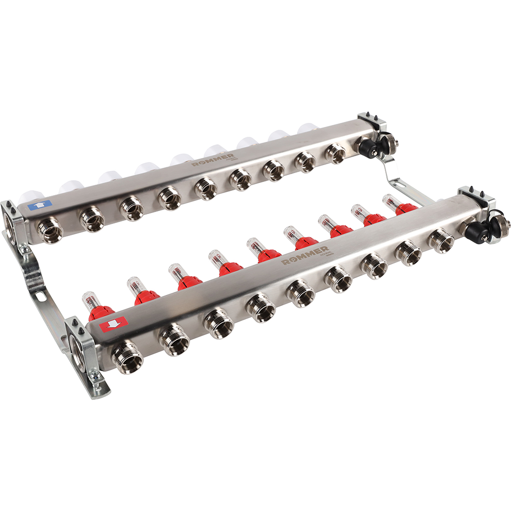 Коллектор из нержавеющей стали с расходомерами ROMMER, с клапаном вып. воздуха и сливом 9 выходов, RMS-1201-000009