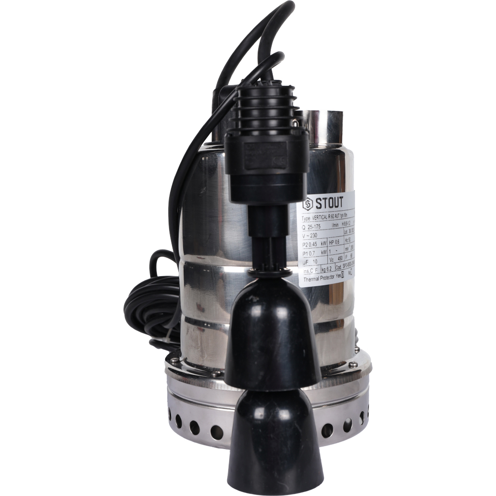 Насос дренажный STOUT с вертикальным поплавком, кабель 10 м, 230V, Q=175 л/мин, H=10 м, SPD-0003-200450