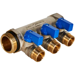 Коллектор с шаровыми кранами STOUT 1 , 3 отвода 1/2  (синие ручки)