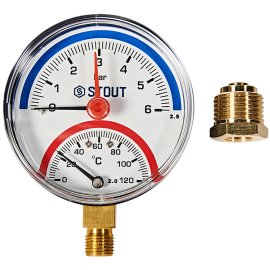 Термоманометр радиальный STOUT в комплекте с автоматическим запорным клапаном, корпус Dn 80 мм 1/2 , 0...120°C, 0-6 бар