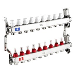 Коллекторная группа с регулирующими клапанами, расходомерами, воздухоотводчиками, обратными и дренажными клапанами, кронштейном (евроконус 3/4) нержавеющая сталь SUS 304 1х 9 выходов, RTP