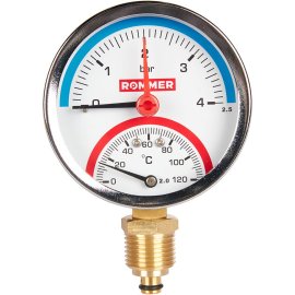 Термоманометр радиальный ROMMER 80 мм 120 градусов в комплекте с автоматическим запорным клапаном 1/2