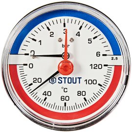 Термоманометр аксиальный STOUT в комплекте с автоматическим запорным клапаном, корпус Dn 80 мм 1/2 , 0...120°C, 0-10 бар