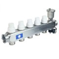 Коллекторная группа с регулирующими клапанами, расходомерами, воздухоотводчиками, обратными и дренажными клапанами, кронштейном (евроконус 3/4) нержавеющая сталь SUS 304 1х 5 выходов, RTP