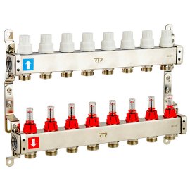 Коллекторная группа с расходомером и кронштейном (евроконус 3/4) нержавеющая сталь SUS 304 1х 8 выходов, RTP