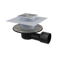 APV3344 AlcaPlast Сливной трап 105x105/50/75 мм боковой сток, решетка из нержавеющей стали, фланец из нержавеющей стали, воротник изоляции 2–го уровня, гидрозатвор сухой и мокрый