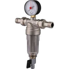 Фильтр с манометром TIEMME 1/2 со сгонами, с прозрачной пластиковой колбой, промывной