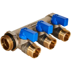 Коллектор с шаровыми кранами STOUT 3/4 , 3 отвода 1/2  (синие ручки)
