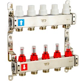 Коллекторная группа с расходомером и кронштейном (евроконус 3/4) нержавеющая сталь SUS 304 1х 5 выходов, RTP