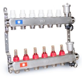 Коллекторная группа с регулирующими клапанами, расходомерами, воздухоотводчиками, обратными и дренажными клапанами, кронштейном (евроконус 3/4) нержавеющая сталь SUS 304 1х 6 выходов, RTP