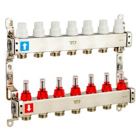 Коллекторная группа с расходомером и кронштейном (евроконус 3/4) нержавеющая сталь SUS 304 1х 7 выходов, RTP