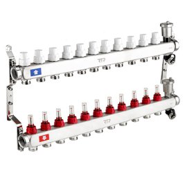 Коллекторная группа с регулирующими клапанами, расходомерами, воздухоотводчиками, обратными и дренажными клапанами, кронштейном (евроконус 3/4) нержавеющая сталь SUS 304 1х 11 выходов, RTP