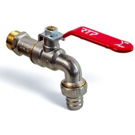 Кран шаровой водоразборный ручка рычаг, латунь, наружная/наружная резьба 1/2х1/2-16, индивидуальная упаковка, никель, RTP