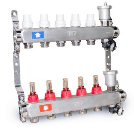 Коллекторная группа с регулирующими клапанами, расходомерами, воздухоотводчиками, обратными и дренажными клапанами, кронштейном (евроконус 3/4) нержавеющая сталь SUS 304 1х 5 выходов, RTP