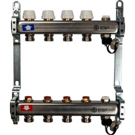 Коллектор из нержавеющей стали без расходомеров, с клапаном вып. воздуха и сливом STOUT 4 выхода, SMS-0932-000004