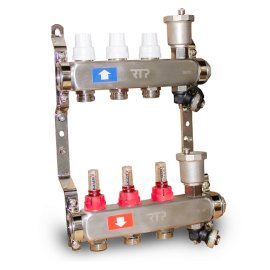 Коллекторная группа с регулирующими клапанами, расходомерами, воздухоотводчиками, обратными и дренажными клапанами, кронштейном (евроконус 3/4) нержавеющая сталь SUS 304 1х 3 выхода, RTP