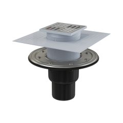 APV4344 AlcaPlast Сливной трап 105x105/50/75 мм прямой сток, решетка из нержавеющей стали, фланец из нержавеющей стали, воротник изоляции 2–го уровня, гидрозатвор сухой и мокрый
