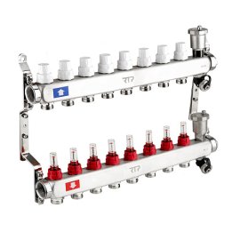 Коллекторная группа с регулирующими клапанами, расходомерами, воздухоотводчиками, обратными и дренажными клапанами, кронштейном (евроконус 3/4) нержавеющая сталь SUS 304 1х 8 выходов, RTP