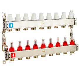 Коллекторная группа с расходомером и кронштейном (евроконус 3/4) нержавеющая сталь SUS 304 1х 9 выходов, RTP