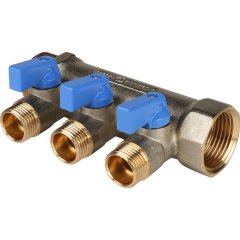 Коллектор с шаровыми кранами STOUT 1 , 3 отвода 1/2  (синие ручки)