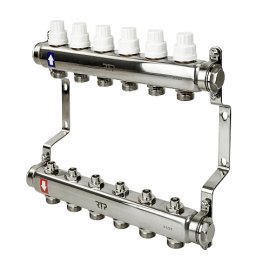 Коллекторная группа с ручными регулирующими клапанами и кронштейном (евроконус 3/4) нержавеющая сталь SUS 304 1х6 выходов, RTP