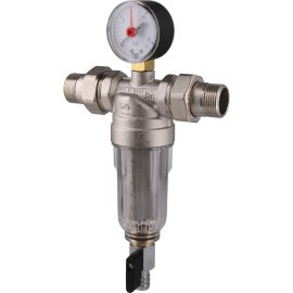 Фильтр с манометром TIEMME 3/4 со сгонами, с прозрачной пластиковой колбой, промывной, 3130006
