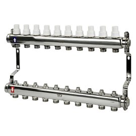 Коллекторная группа с ручными регулирующими клапанами и кронштейном (евроконус 3/4) нержавеющая сталь SUS 304 1х10 выходов, RTP